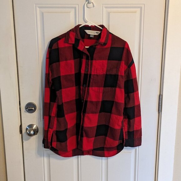 Old Navy Boyfriend Fit Buffalo Plaid Red and Black Button Front Flannel Shirt M - Picture 1 of 7